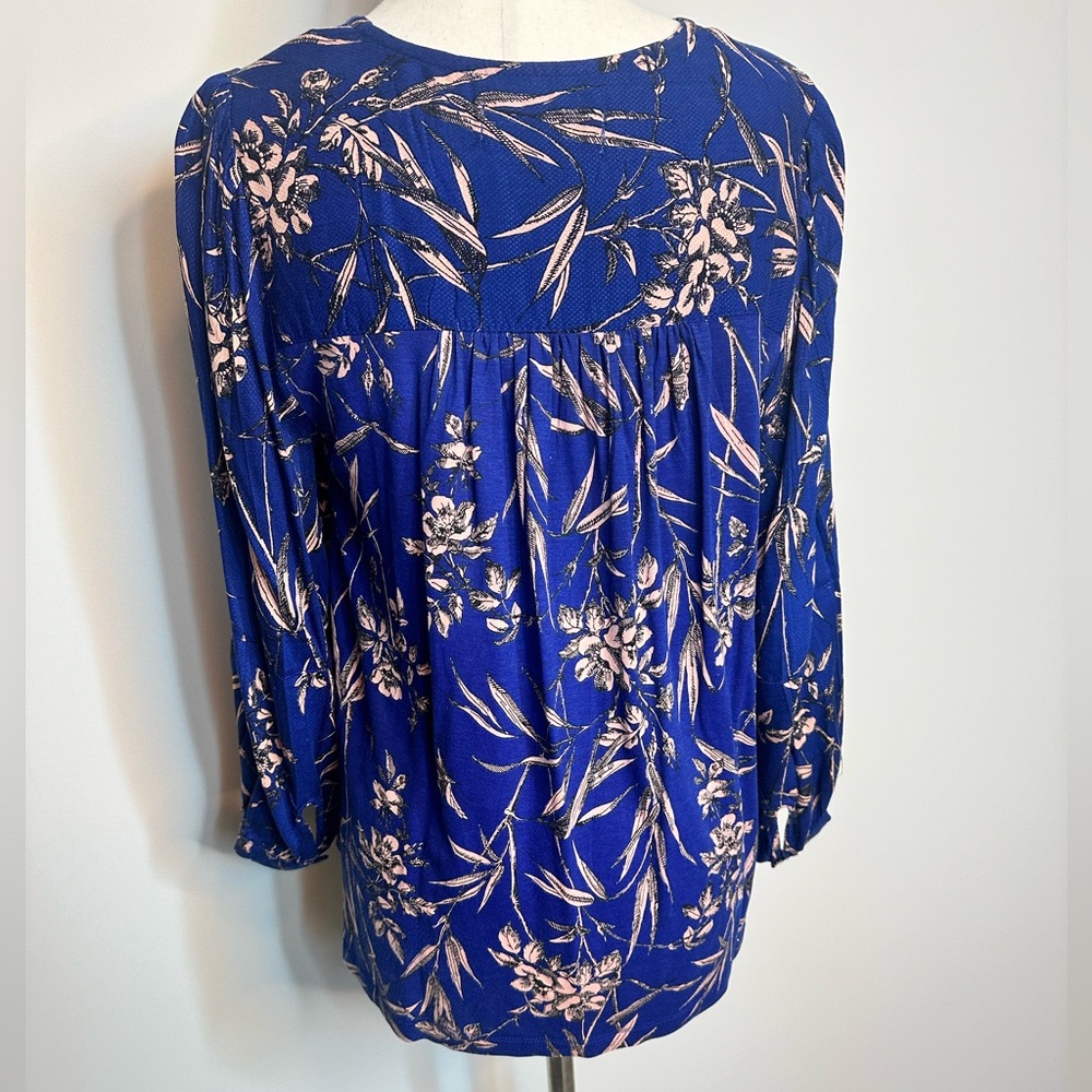 Sz M Anthropologie embroidered floral boho ballon sleeve v neck blouse top blue - Picture 3 of 7